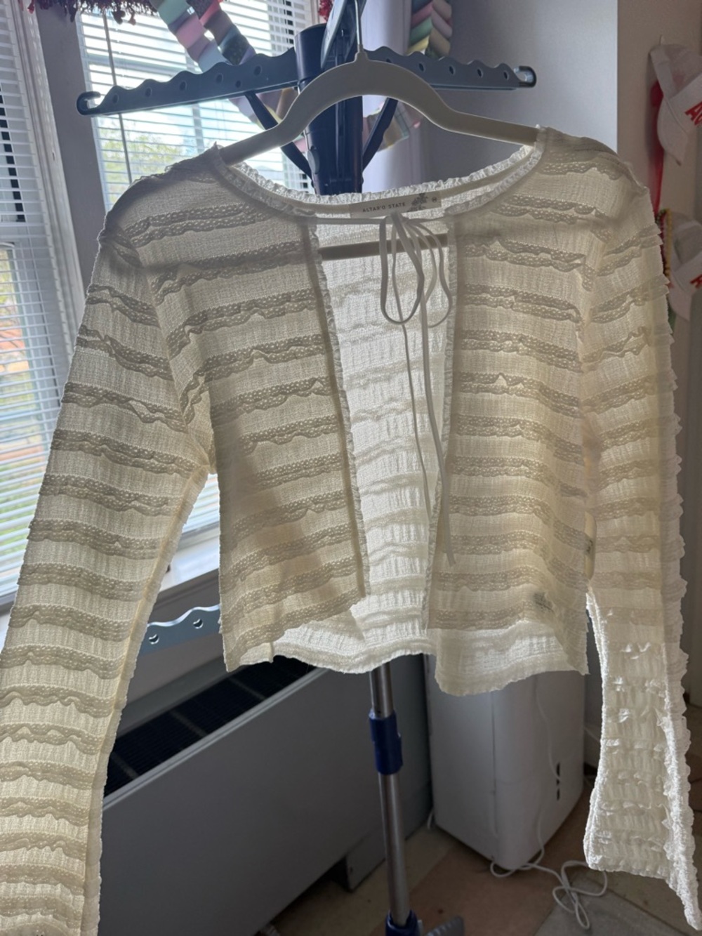 Altar'd State Cream Crochet Tie-Front Open Cardigan